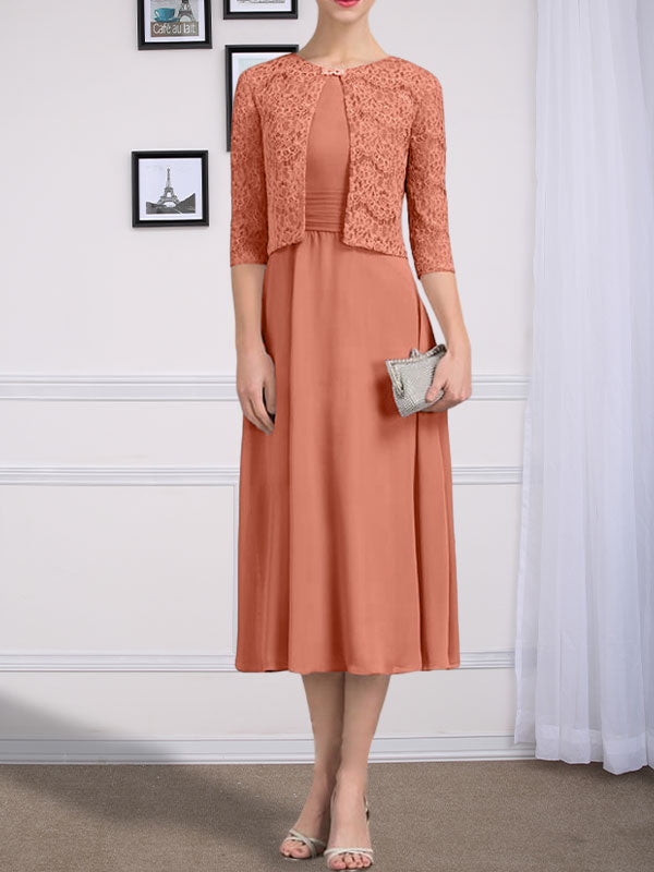 Vestido de gasa para madre de la novia con corte en A, escote redondo y largo hasta la rodilla con pliegues