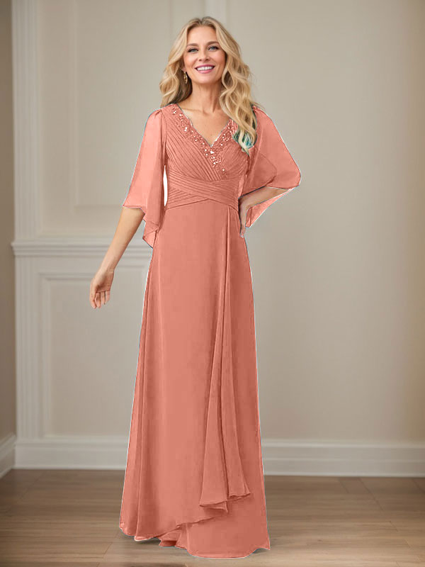 Vestido largo de gasa con lentejuelas y escote en V en forma de A para madre
