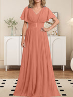 Vestido de gasa para madre de la novia, corte A, escote en V, largo hasta el suelo, con broche de cristal y plisado