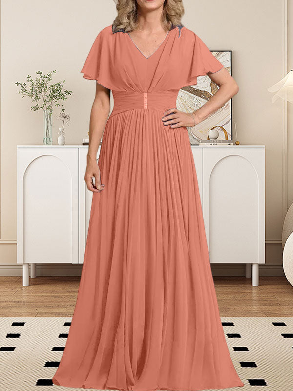 Vestido de gasa para madre de la novia, corte A, escote en V, largo hasta el suelo, con broche de cristal y plisado