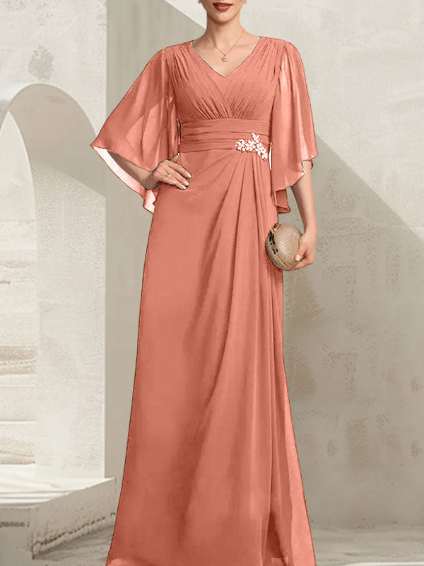 Etui-Linie/Säule V-Ausschnitt Bodenlang Chiffon Kleid für die Brautmutter mit Plissee Pailletten Perlenbesatz