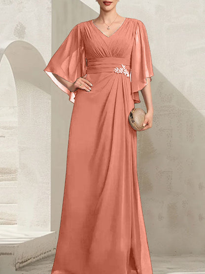Etui-Linie/Säule V-Ausschnitt Bodenlang Chiffon Kleid für die Brautmutter mit Plissee Pailletten Perlenbesatz