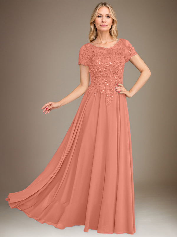Vestido de gasa para madre de la novia, corte A, largo hasta el suelo, con apliques y lentejuelas