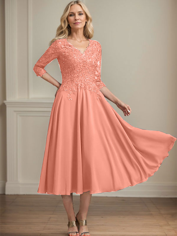 Vestido de gasa con encaje y escote en V para madre de la novia, largo hasta la rodilla, con lentejuelas y abalorios