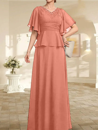A-Linien-Kleid aus Chiffon mit V-Ausschnitt und bodenlangem Schnitt für die Brautmutter mit plissierten Perlen