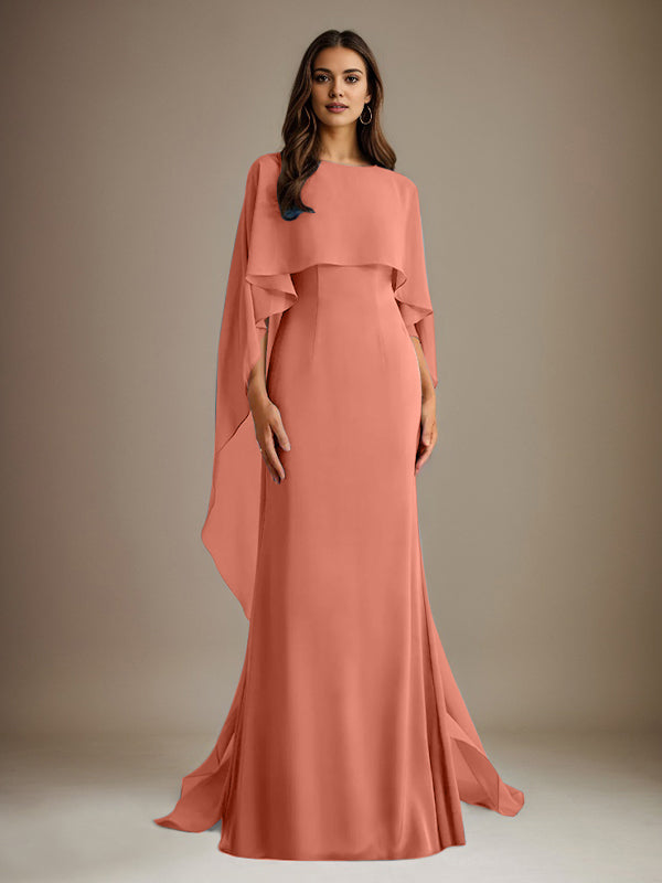Vestido de gasa para madre de la novia, largo hasta el suelo, con escote barco y corte tubo/columna y volantes en cascada
