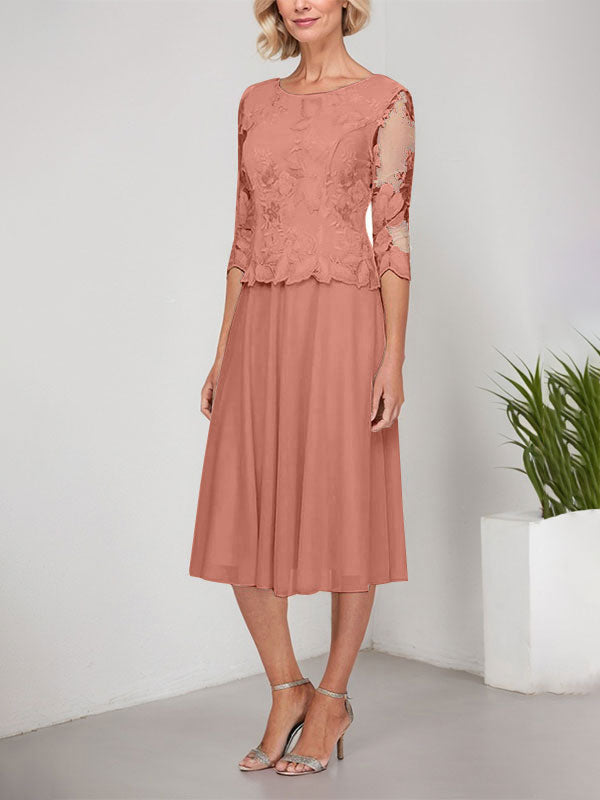 Vestido de gasa con encaje y bordado para madre de la novia, corte A, escote redondo y largo hasta la rodilla