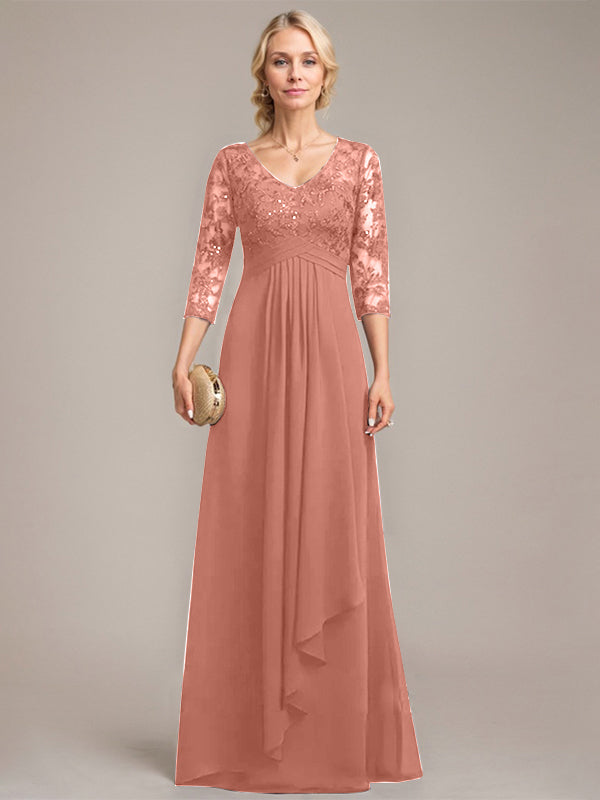 A-Linie V-Ausschnitt Bodenlanges Spitzen-Chiffon-Kleid für die Brautmutter mit kaskadierenden Rüschen und Pailletten 