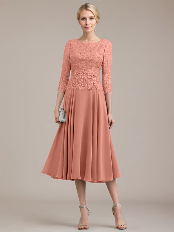 Vestido de gasa con encaje y escote redondo hasta la rodilla para madre de la novia