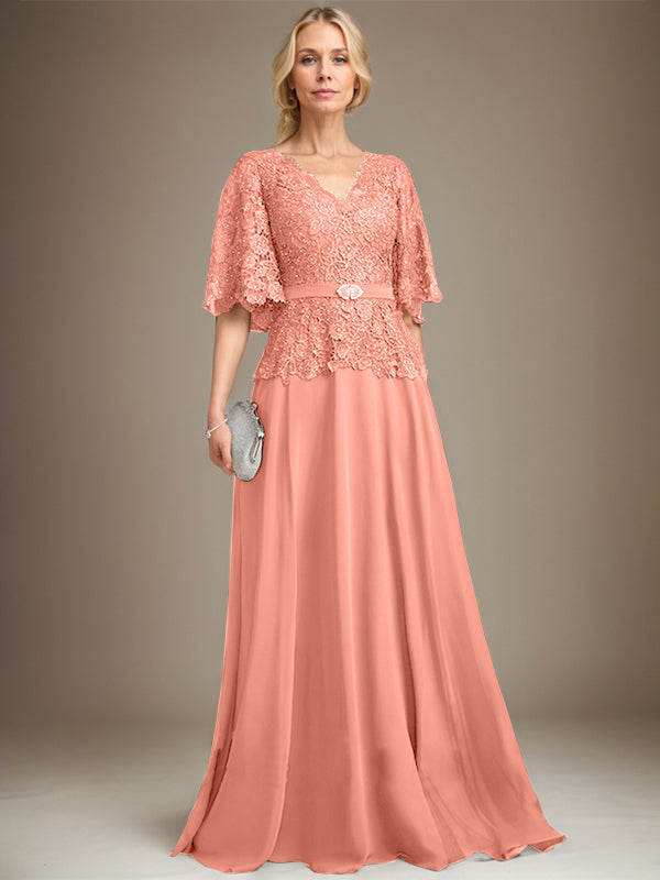 A-Linie V-Ausschnitt Bodenlanges Chiffon-Spitzenkleid für die Brautmutter mit Kristallbrosche und Strass 