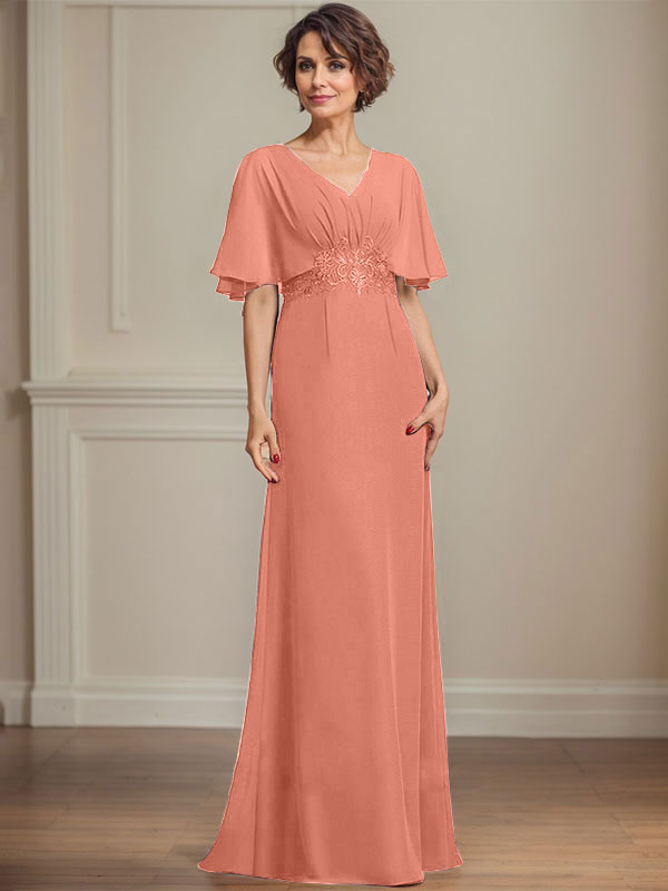 A-Linie V-Ausschnitt Bodenlanges Chiffonkleid für die Brautmutter mit plissierten Paillettenapplikationen Spitze