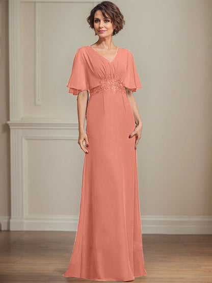 A-Linie V-Ausschnitt Bodenlanges Chiffonkleid für die Brautmutter mit plissierten Paillettenapplikationen Spitze