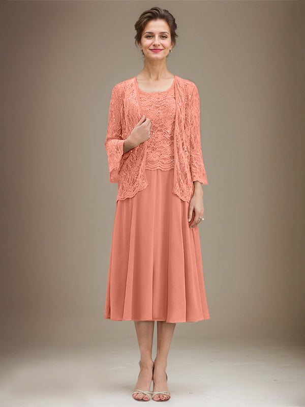 Vestido de gasa con encaje y lentejuelas para madre de la novia, corte A, escote redondo y largo hasta la rodilla