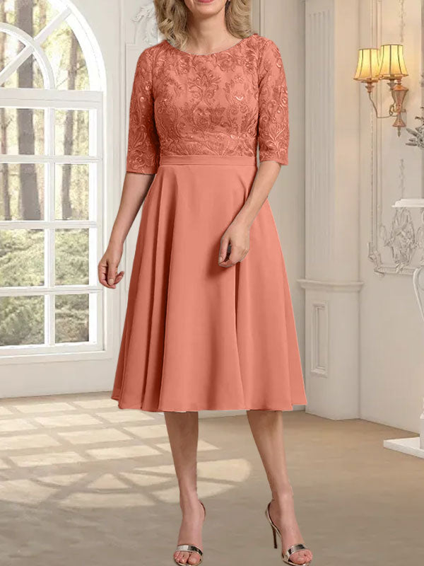 Vestido de gasa con encaje y escote redondo hasta la rodilla para madre de la novia