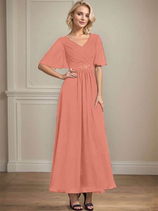 Vestido de gasa para madre de la novia con escote en V, largo hasta los tobillos, corte A y lentejuelas plisadas con cuentas