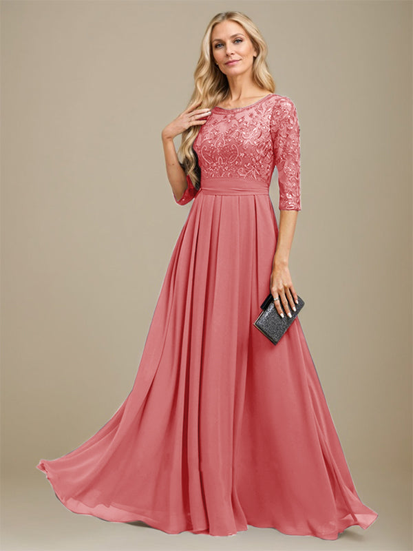 Vestido de madre de la novia de gasa con encaje, corte A, largo hasta el suelo y apliques de lentejuelas