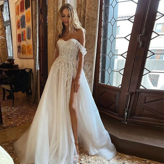 Classic Applique Wedding Dresses Sleeveless Sexy Side Slit Sweetheart Ball Gowns Fluffy Tulle Floor Length Formal Beach Party-payinti