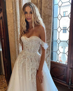 Classic Applique Wedding Dresses Sleeveless Sexy Side Slit Sweetheart Ball Gowns Fluffy Tulle Floor Length Formal Beach Party-payinti