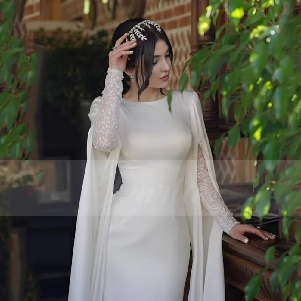 Classic Satin Lace A Line Wedding Dress For Woman 2024 O Neck Long Sleeve With Jacket Party Dresses Simple Elegant White Robe-payinti