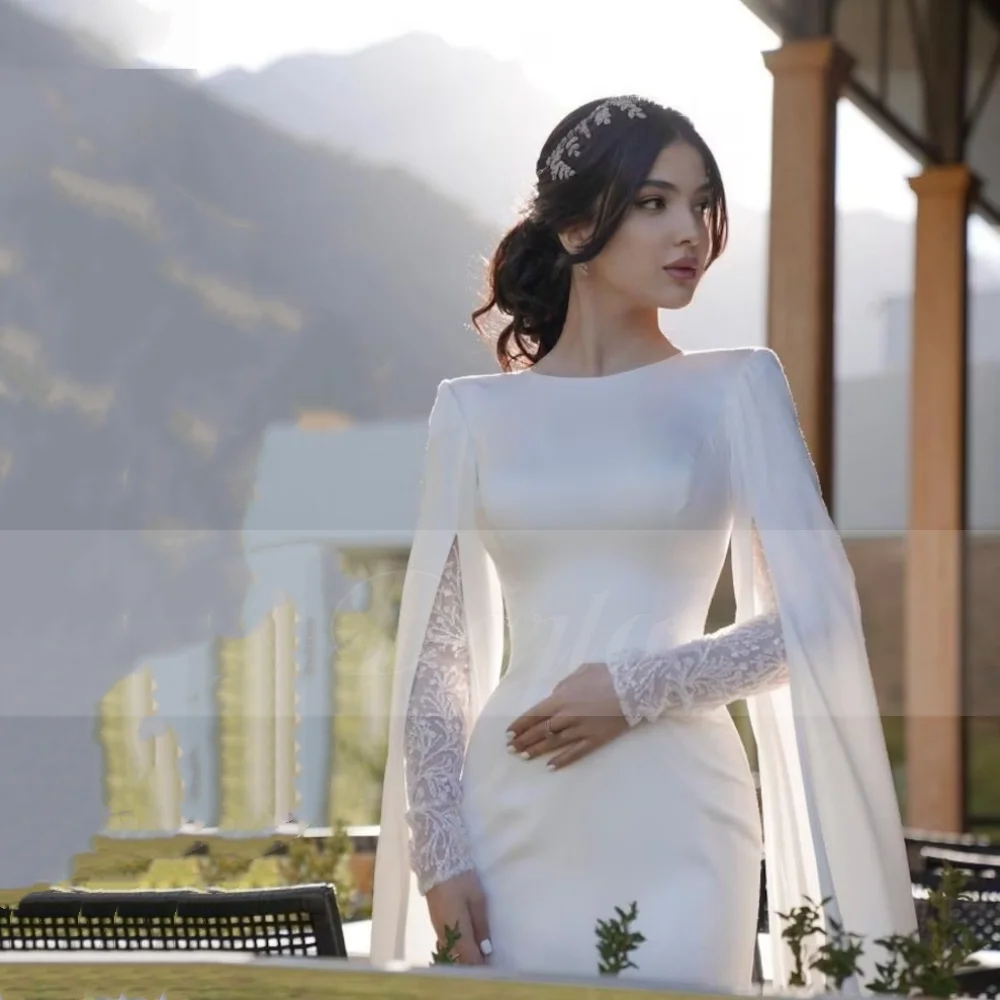 Classic Satin Lace A Line Wedding Dress For Woman 2024 O Neck Long Sleeve With Jacket Party Dresses Simple Elegant White Robe-payinti
