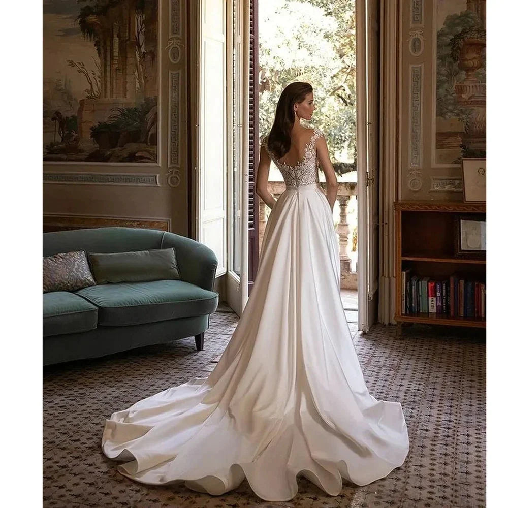 Classic Sexy Wedding Dresses A Line Lace Appliques Long Sleeve Ball Gowns Woman's Formal Bride Beach Party Vesti Dosde Fiesta-payinti