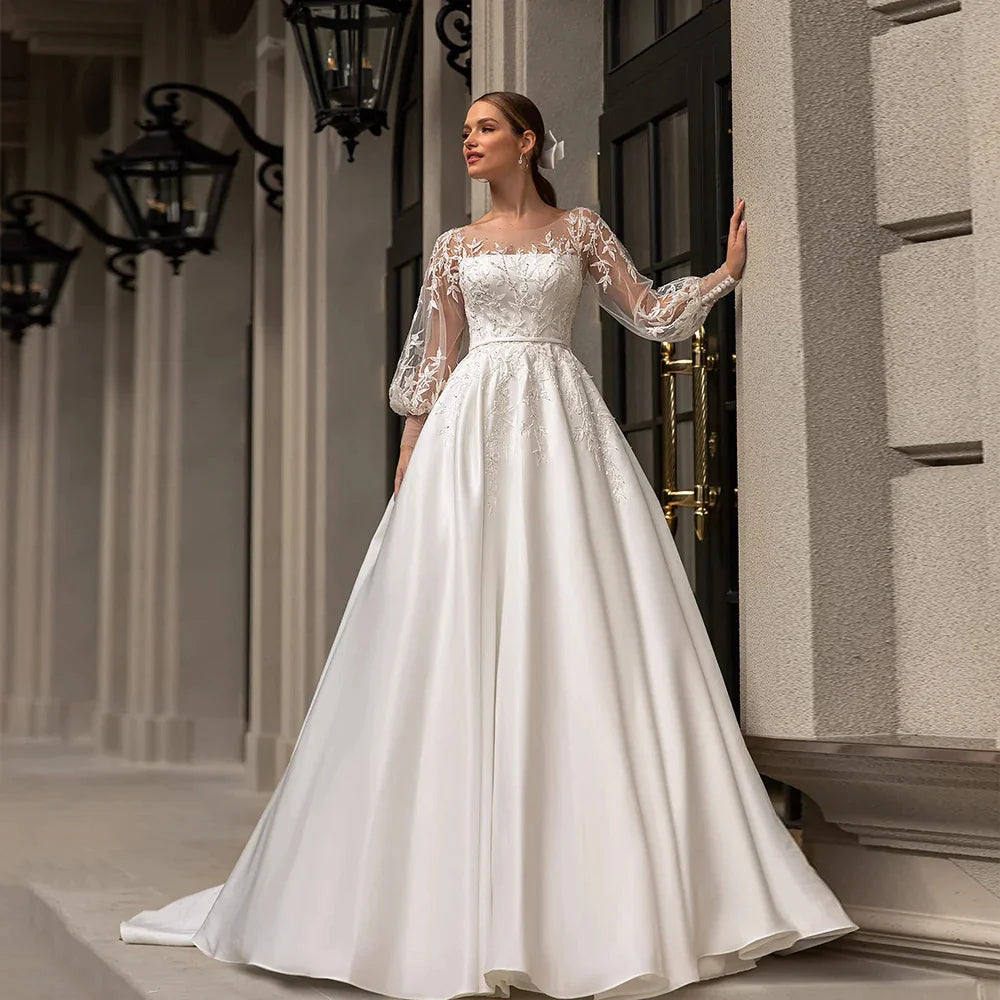 Classic Wedding Dresses Women O-Neck Full Sleeves Bride Dress Satin With Applique Sweep Train A-Line Custom Occasion Gowns-payinti