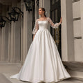 Classic Wedding Dresses Women O-Neck Full Sleeves Bride Dress Satin With Applique Sweep Train A-Line Custom Occasion Gowns-payinti