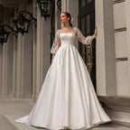 Classic Wedding Dresses Women O-Neck Full Sleeves Bride Dress Satin With Applique Sweep Train A-Line Custom Occasion Gowns-payinti