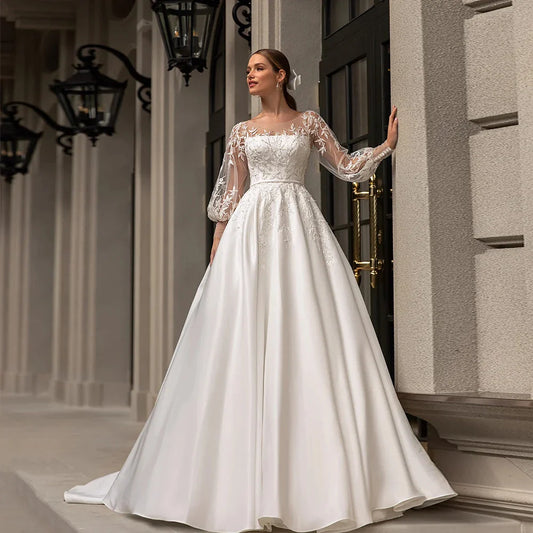 Classic Wedding Dresses Women O-Neck Full Sleeves Bride Dress Satin With Applique Sweep Train A-Line Custom Occasion Gowns-payinti