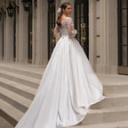 Classic Wedding Dresses Women O-Neck Full Sleeves Bride Dress Satin With Applique Sweep Train A-Line Custom Occasion Gowns-payinti