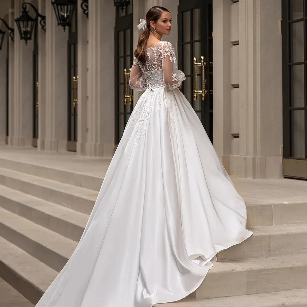 Classic Wedding Dresses Women O-Neck Full Sleeves Bride Dress Satin With Applique Sweep Train A-Line Custom Occasion Gowns-payinti