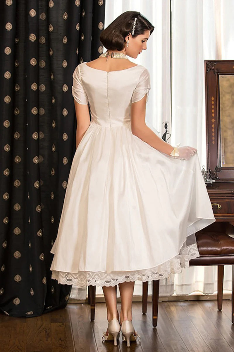 Vestido de novia clásico bohemio con escote en V, manga corta y pliegues WD677