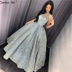 Vestidos de noche de cuello alto en azul agua clara 2025, manga corta, encaje y lentejuelas, diseño de vestidos de novia, foto real HM66981