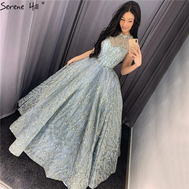 Vestidos de noche de cuello alto en azul agua clara 2025, manga corta, encaje y lentejuelas, diseño de vestidos de novia, foto real HM66981
