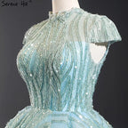 Vestidos de noche de cuello alto en azul agua clara 2025, manga corta, encaje y lentejuelas, diseño de vestidos de novia, foto real HM66981