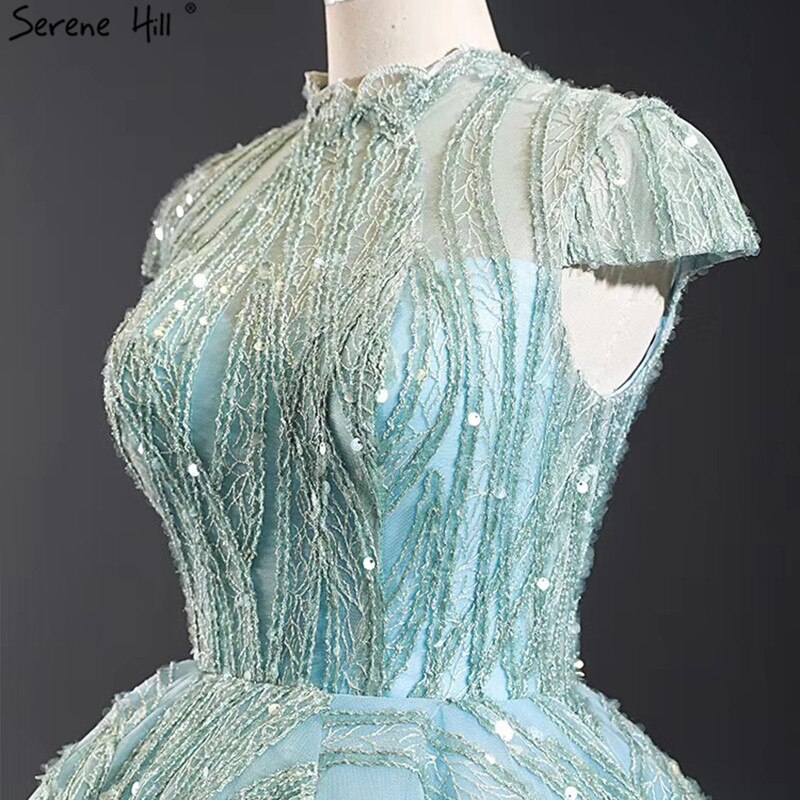 Clear Water Blue High Collar Evening Dresses 2025 Short Sleeve Lace Sequined Bridal Gowns Design Real Photo HM66981