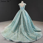 Vestidos de noche de cuello alto en azul agua clara 2025, manga corta, encaje y lentejuelas, diseño de vestidos de novia, foto real HM66981