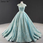 Vestidos de noche de cuello alto en azul agua clara 2025, manga corta, encaje y lentejuelas, diseño de vestidos de novia, foto real HM66981