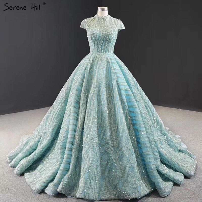 Vestidos de noche de cuello alto en azul agua clara 2025, manga corta, encaje y lentejuelas, diseño de vestidos de novia, foto real HM66981