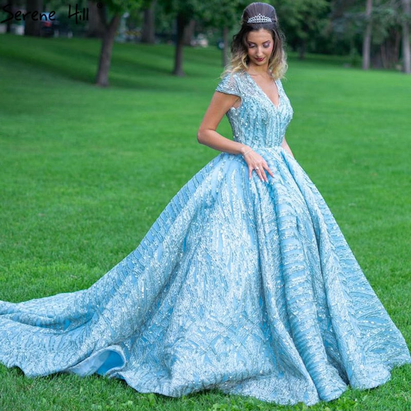 Vestidos de noche de cuello alto en azul agua clara 2025, manga corta, encaje y lentejuelas, diseño de vestidos de novia, foto real HM66981