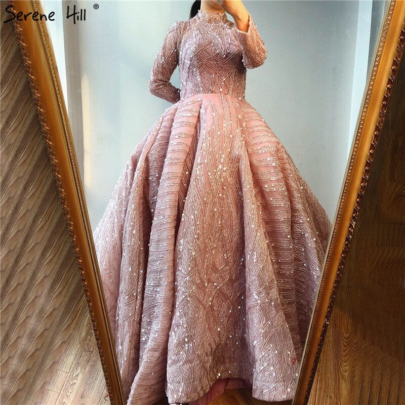 Vestidos de noche de cuello alto en azul agua clara 2025, manga corta, encaje y lentejuelas, diseño de vestidos de novia, foto real HM66981