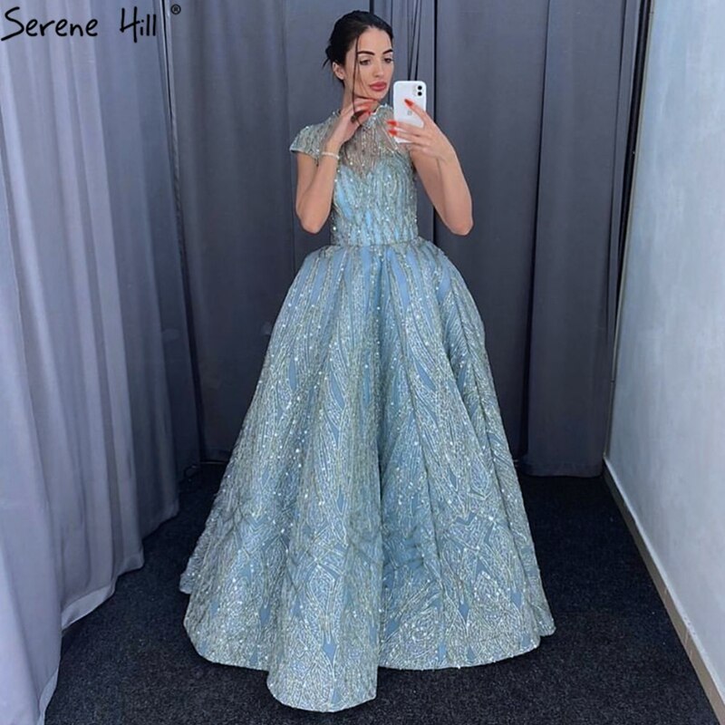 Clear Water Blue High Collar Evening Dresses 2025 Short Sleeve Lace Sequined Bridal Gowns Design Real Photo HM66981