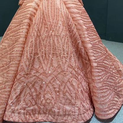 Clear Water Blue High Collar Evening Dresses 2025 Short Sleeve Lace Sequined Bridal Gowns Design Real Photo HM66981