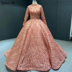 Vestidos de noche de cuello alto en azul agua clara 2025, manga corta, encaje y lentejuelas, diseño de vestidos de novia, foto real HM66981