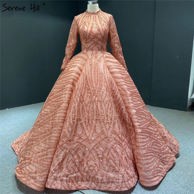 Vestidos de noche de cuello alto en azul agua clara 2025, manga corta, encaje y lentejuelas, diseño de vestidos de novia, foto real HM66981