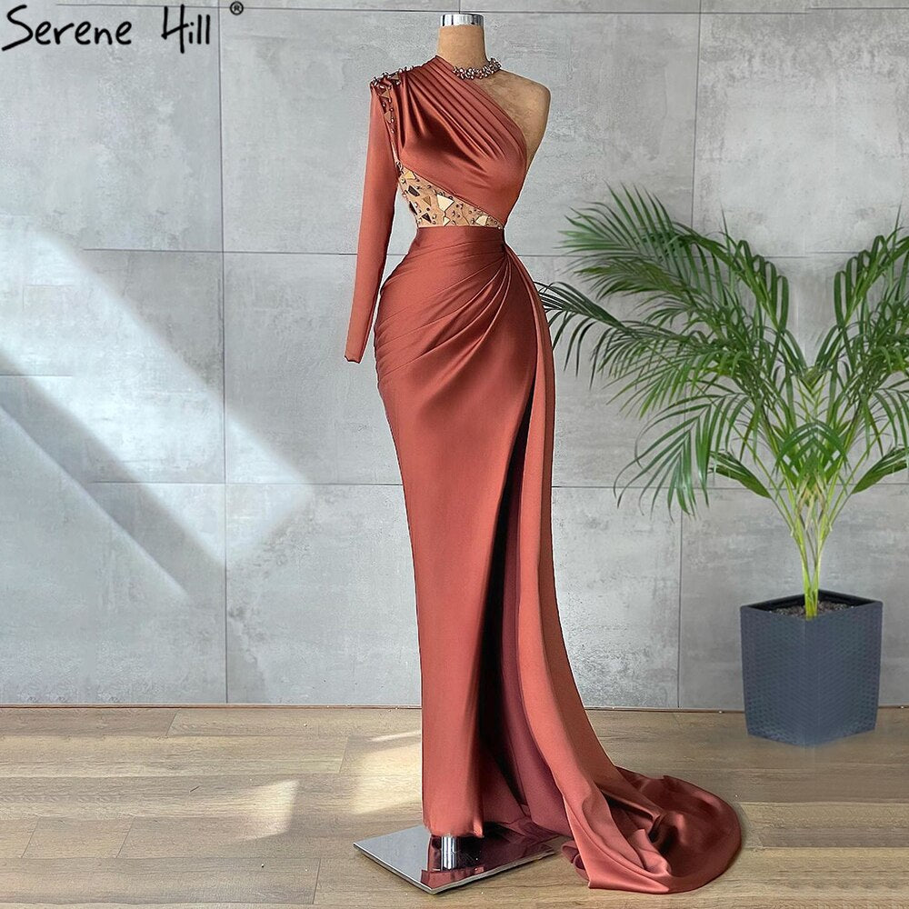Vestido de noche elegante de satén con corte sirena color café y abertura alta, un hombro descubierto, para mujer, fiesta, LA71285 