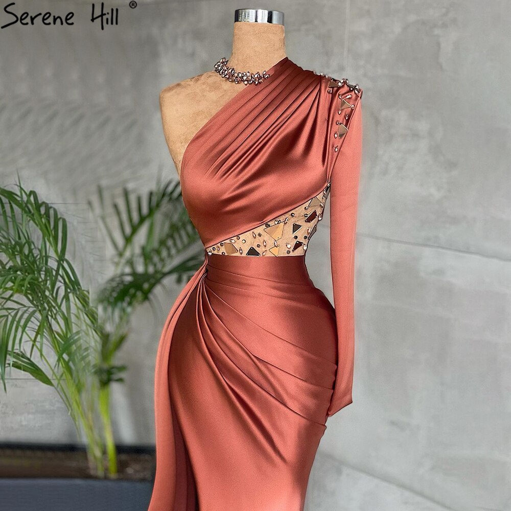 Vestido de noche elegante de satén con corte sirena color café y abertura alta, un hombro descubierto, para mujer, fiesta, LA71285 