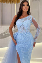 Vestido de fiesta de tul azul cielo con un solo hombro, manga larga y encaje, largo hasta el suelo, con abertura frontal y columna