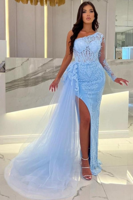 Vestido de fiesta de tul azul cielo con un solo hombro, manga larga y encaje, largo hasta el suelo, con abertura frontal y columna