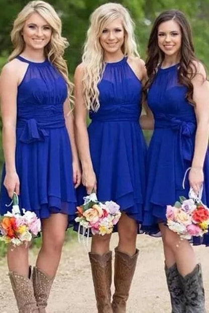 Kurzes königsblaues Chiffon-Brautjungfernkleid SCB55 